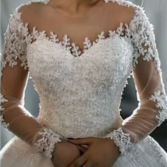 White Lace Long Sleeve A-Line Wedding Dress - Picture 3 of 4